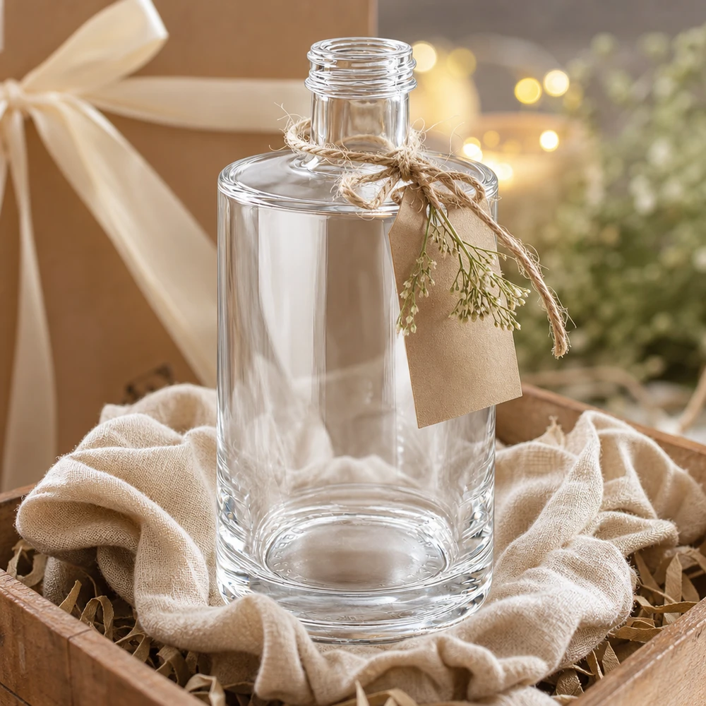 375 ml glazen fles Sam leeg in geschenkverpakking met lint en label decoratief gepresenteerd als een cadeauset