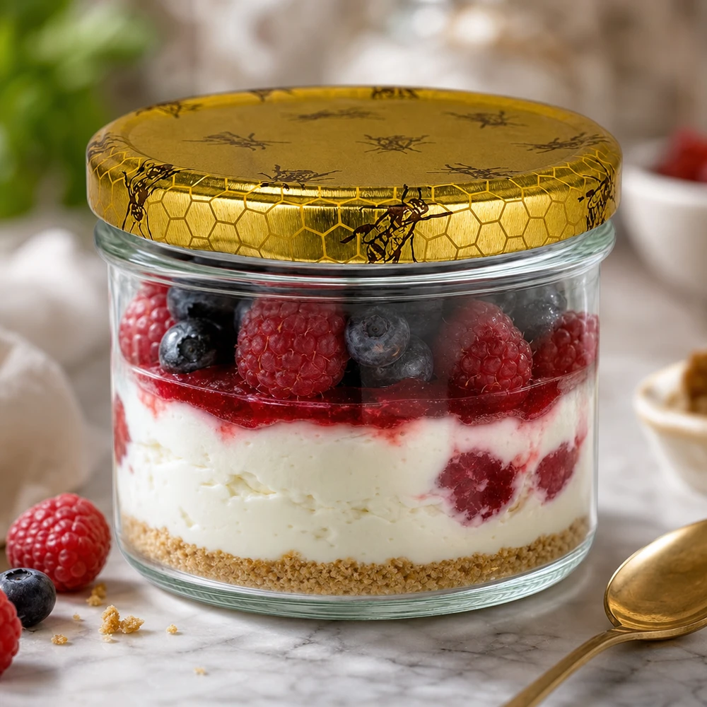 Dessert parfait in 225ml pot BasicSeal honingraat deksel met bessen Yoghurt gelaagd dessert Dessert pot