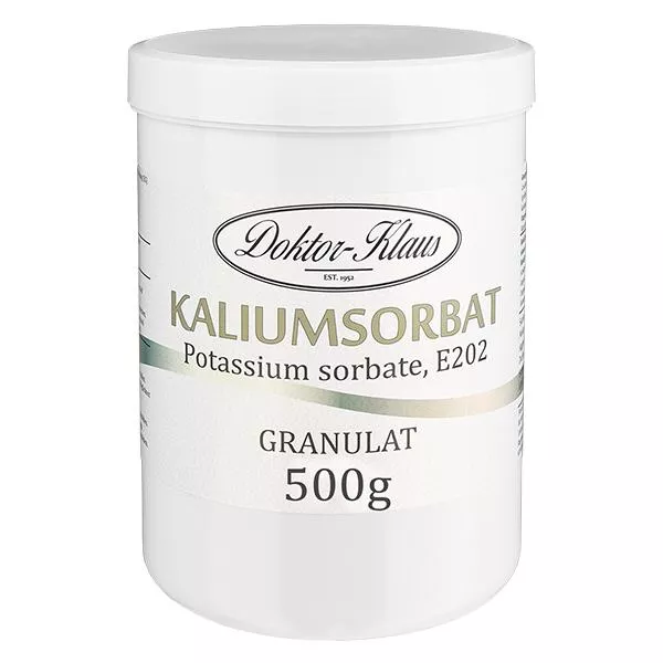500 g kaliumsorbaat, in pot met witte schroefdop.