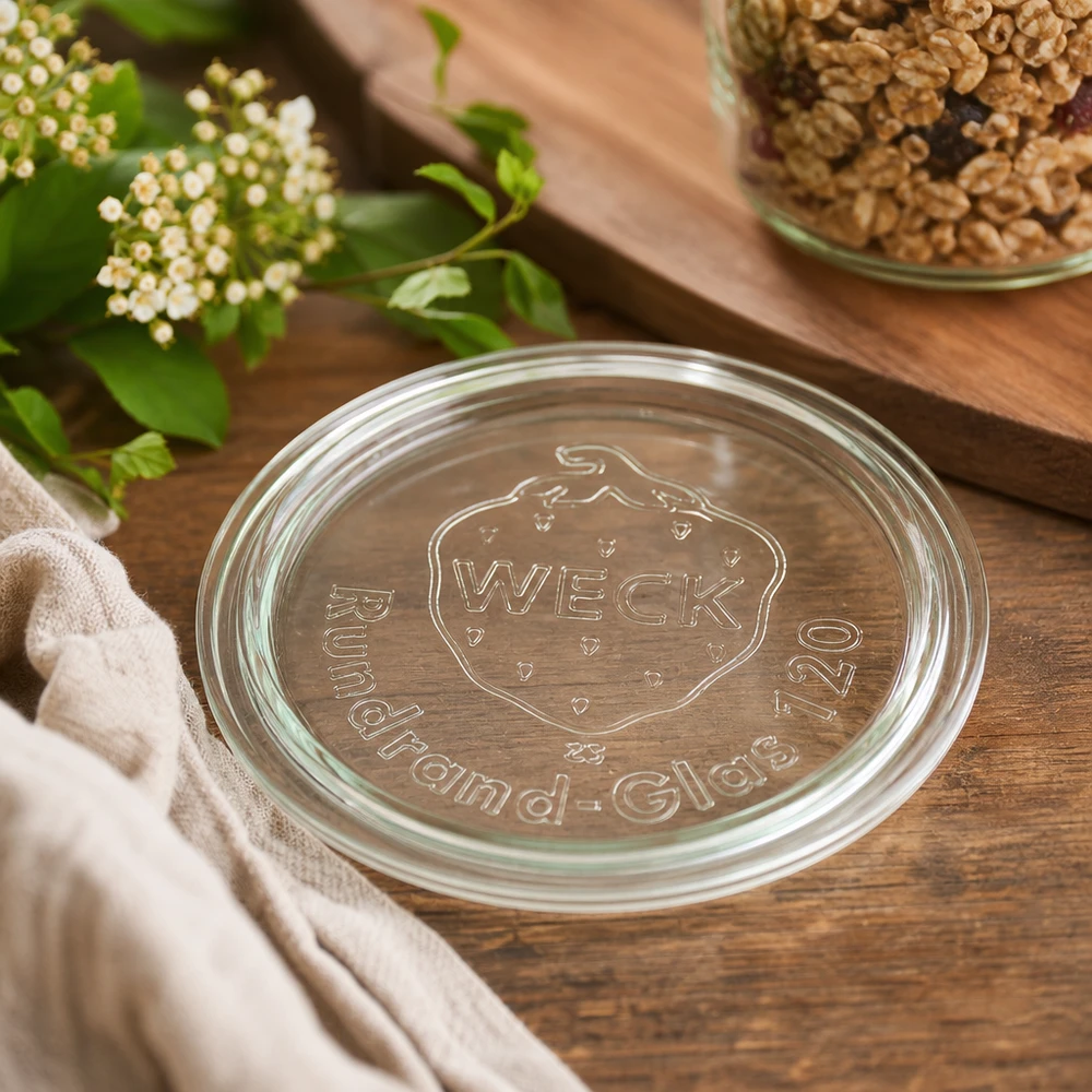 WECK glazen deksel RR120 Close-up met reliëflogo op houten achtergrond naast walnoten en witte bloemen