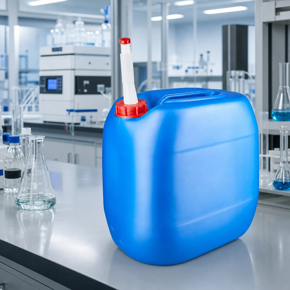 Canister 30 liter blauw met flexibele uitloop Stapelbare industriële jerrycan van 30 liter, blauw, met uitloopbuis voor veilige opslag van chemicaliën