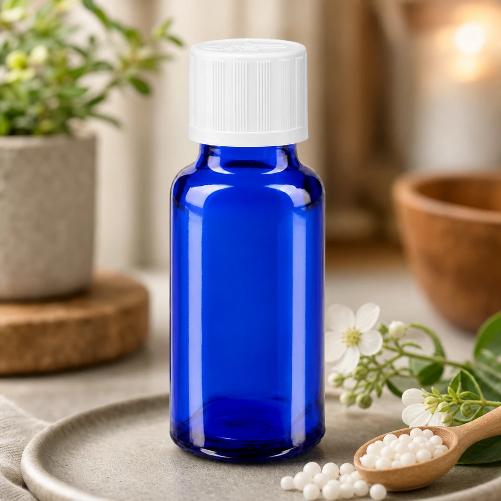 Blauwe druppelfles van 20 ml, apothekersglas met witte schroefdop en globuli op een houten lepel