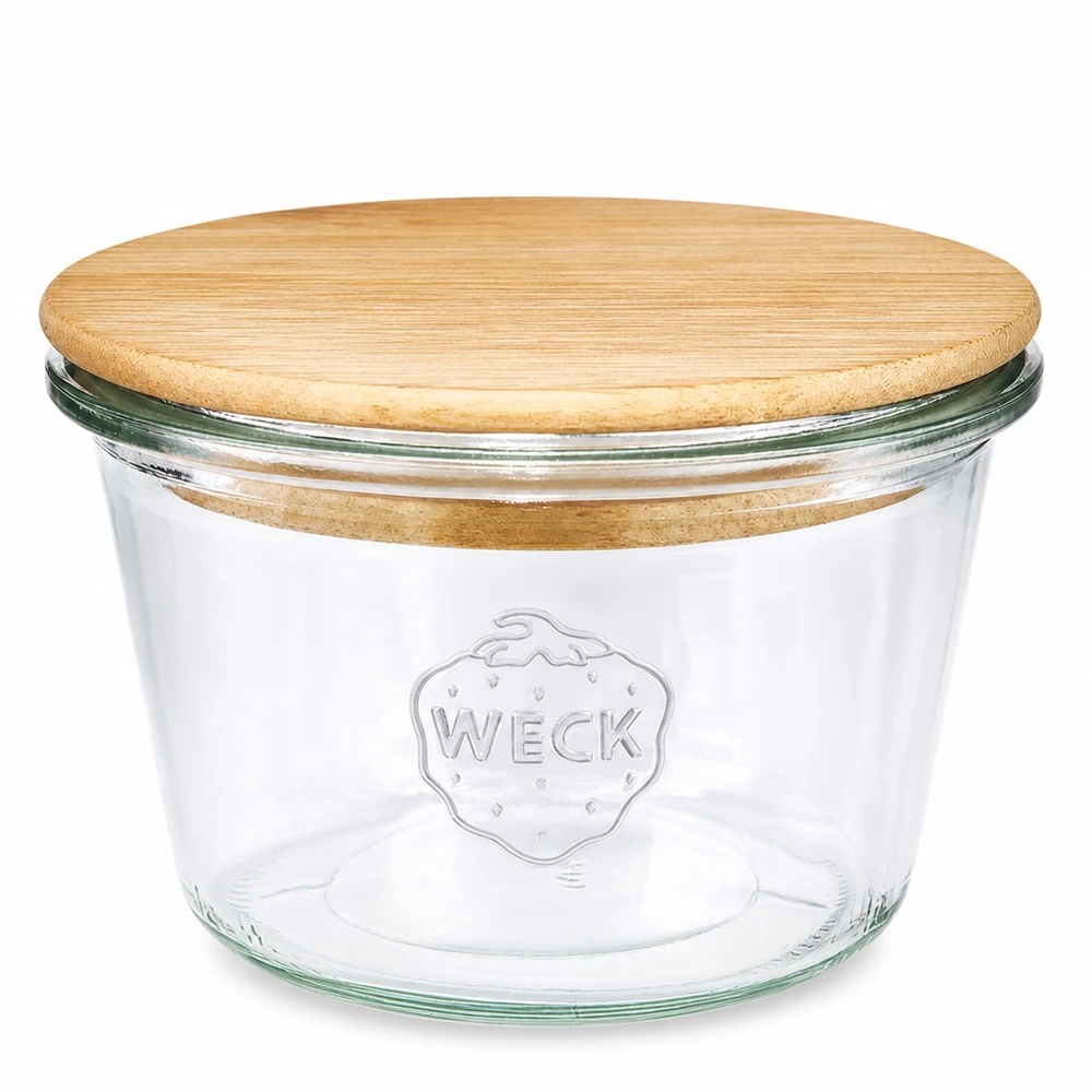 370ml stortglas WECK RR100 met hout deksel 370ml WECK RR100 inmaakpot met houten deksel - ronde glazen inmaakpot met bamboe deksel voor de keuken
