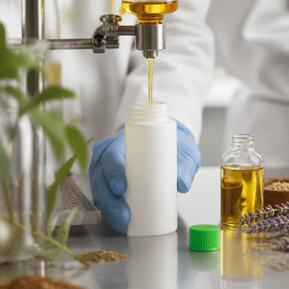 Witte HDPE-fles van 30 ml met groene SV, geschikt voor natuurlijke cosmetische oliën en extracten