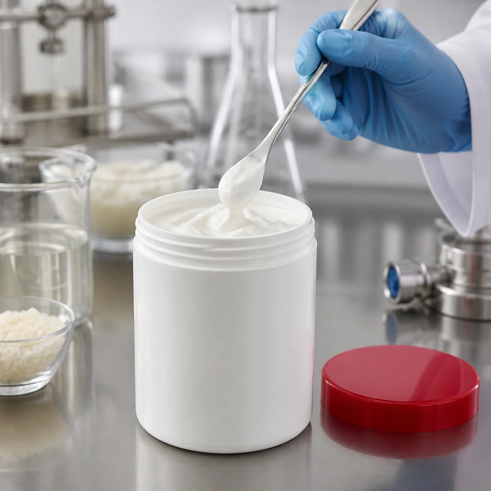 Zalfpot 150 g wit met rood schroefdeksel (PP) Zalfpotje van 150 g, PP, wit met rode deksel, naast een Erlenmeyer-kolf op een roestvrijstalen tafel