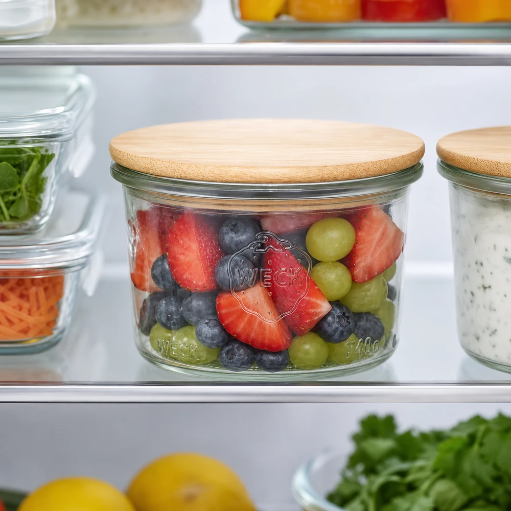 WECK beker 200ml RR80 met bamboe deksel gevuld met kleurrijke fruitsalade in de koelkast voor het optimaal bewaren van voedsel.