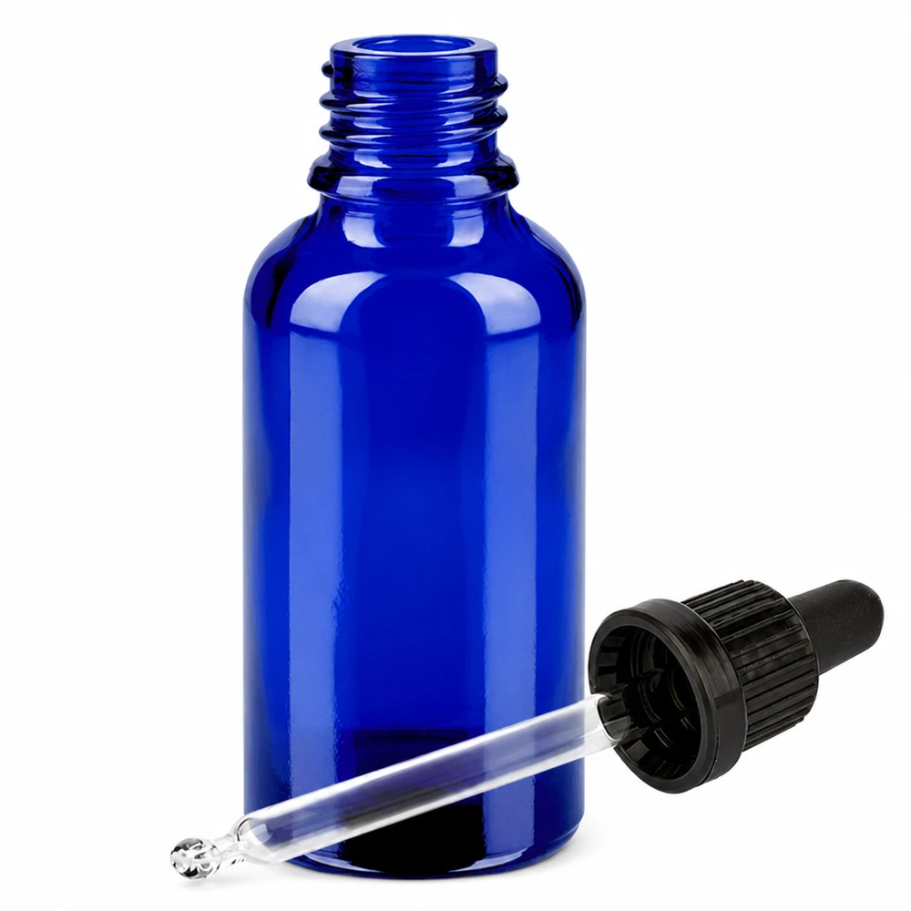 Compacte blauwe glazen fles 30ml met precieze pipet voor laboratoriumtoepassingen
