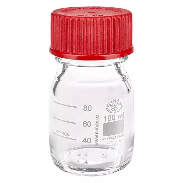 100 ml laboratoriumfles met schroefdraad + rood dop + ring