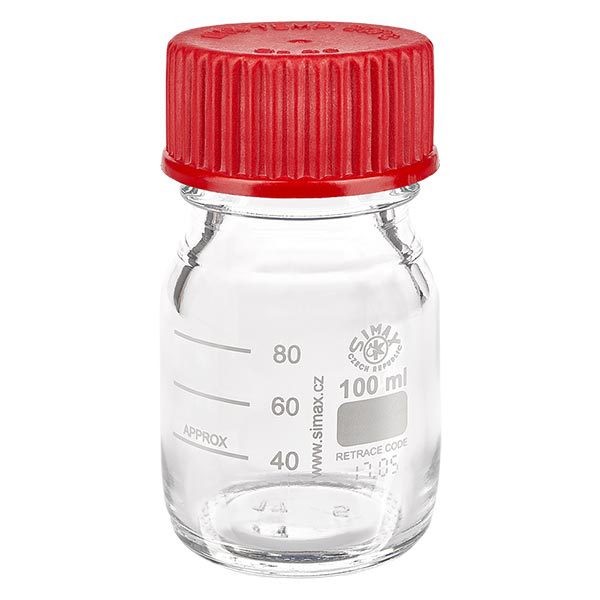 100 ml laboratoriumfles met schroefdraad + rood dop + ring 100 ml laboratoriumfles met schroefdraad + rood dop + ring