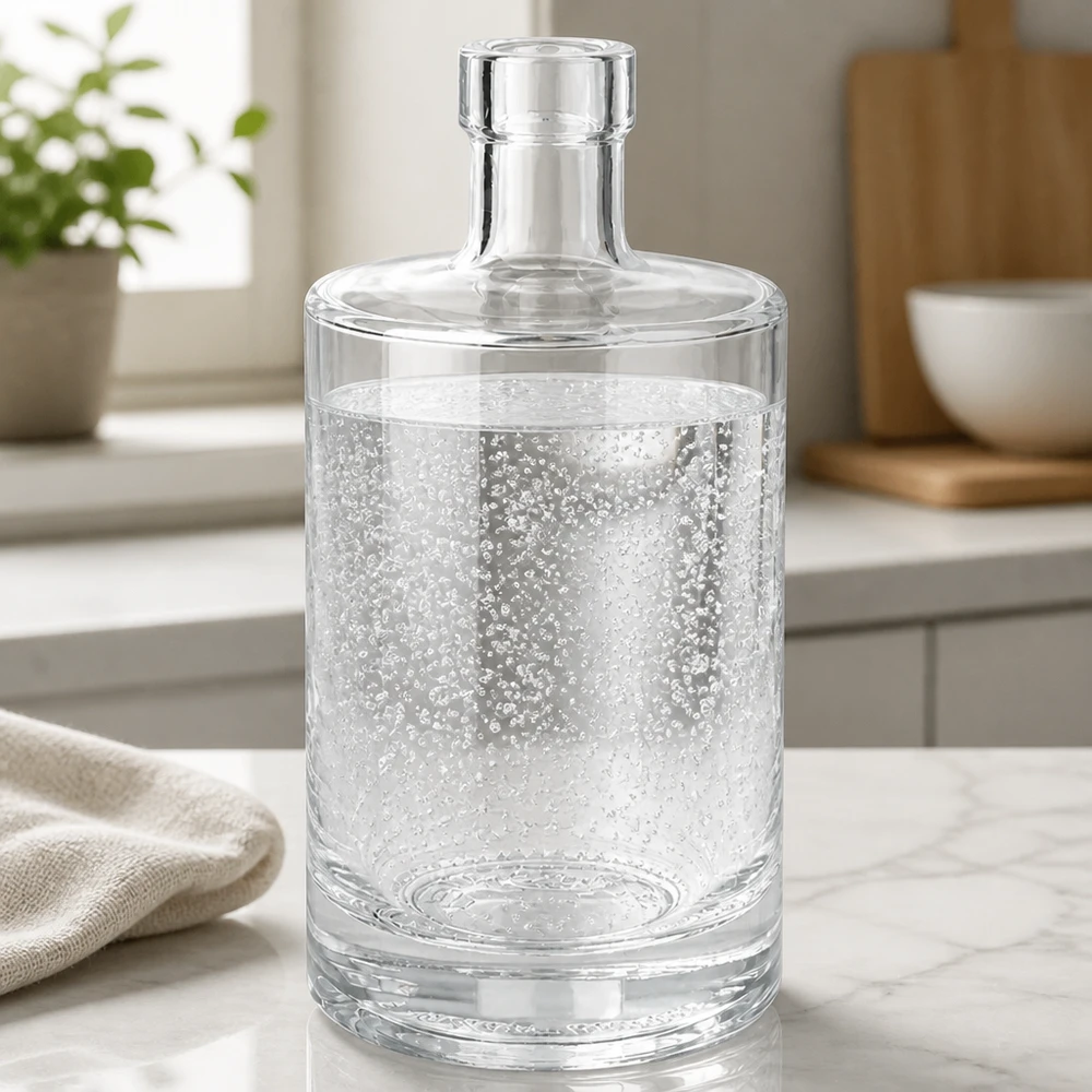Glazen Marie-fles van 500 ml gevuld met bruisend mineraalwater op een marmeren werkblad in een moderne keuken