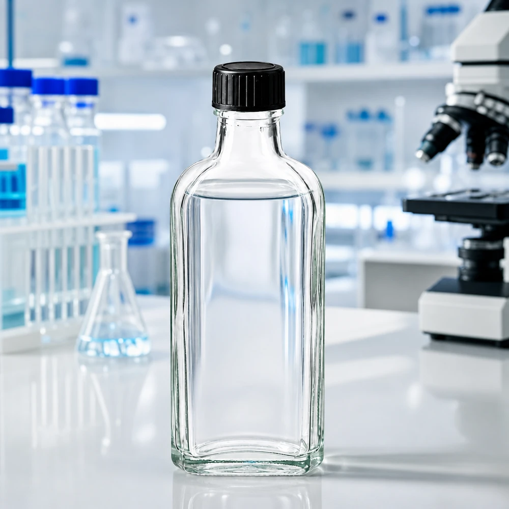 Kleine Meplat-glasflesje van 100 ml, helder, met LKD-afdichtingsring naast een microscoop in het laboratorium