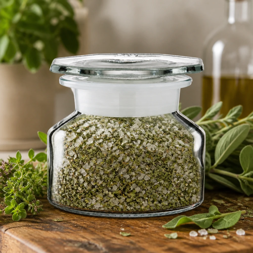 Idee voor een glazen kruidenpotje: schuine schouders nauwe hals 50 ml helder glas incl. glazen stop Idee voor een kruidenpotje: een 50 ml-flesje met een steile hals, gevuld met groen kruidenpoeder en een flesje olijfolie