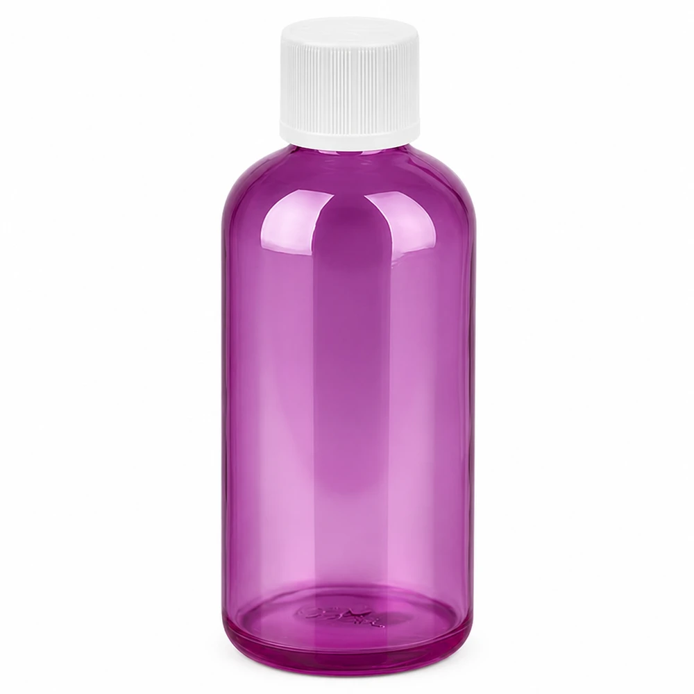 100ml fles 11mm schroefdop wit standaard kindveilige PurpleLine. UT18/100 Paarse PET-fles 100 ml met 11 mm schroefdraad gemaakt van transparant kunststof van hoge kwaliteit