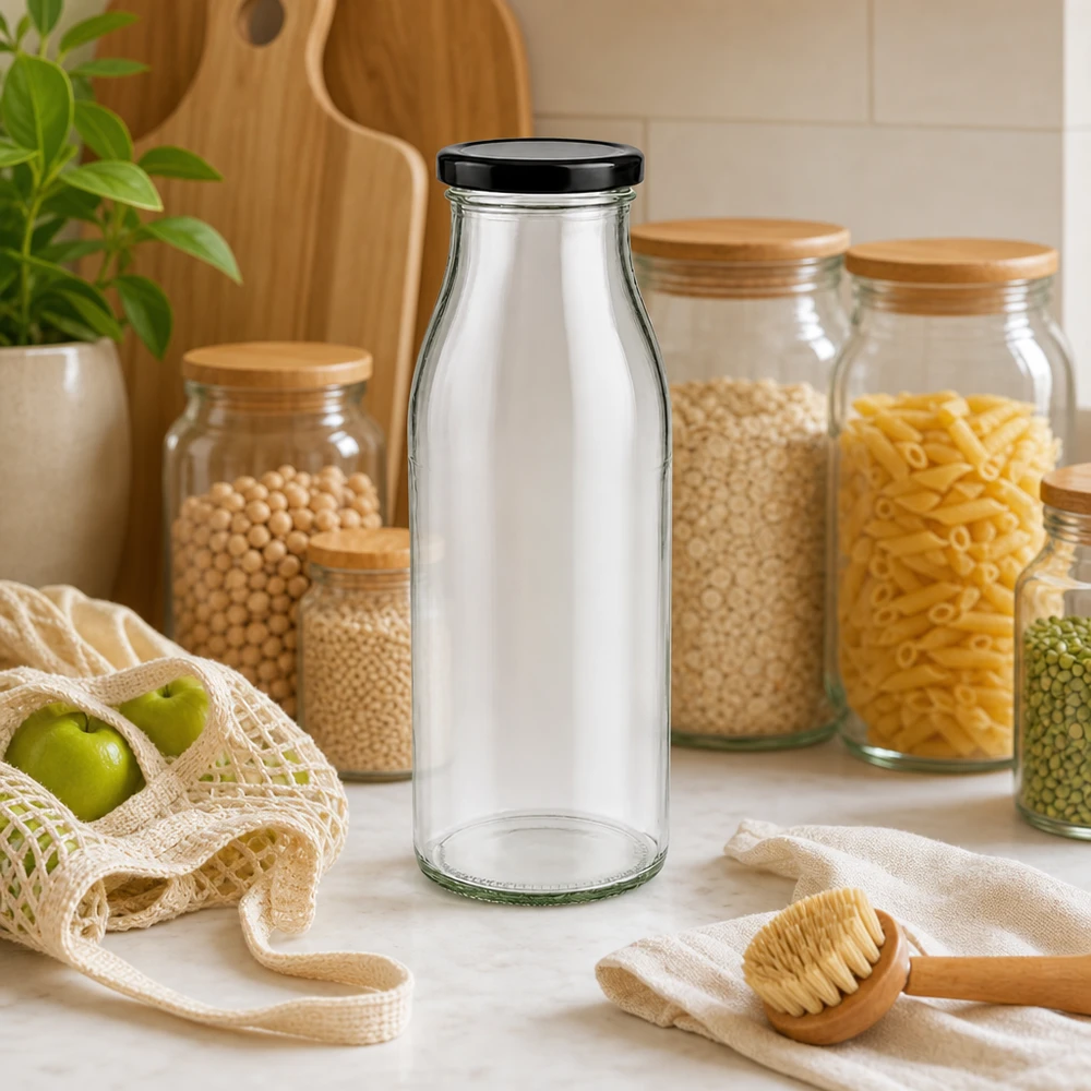 Glazen fles van 500 ml met zwart deksel in zero-waste keuken met voorraadpotten en duurzame materialen