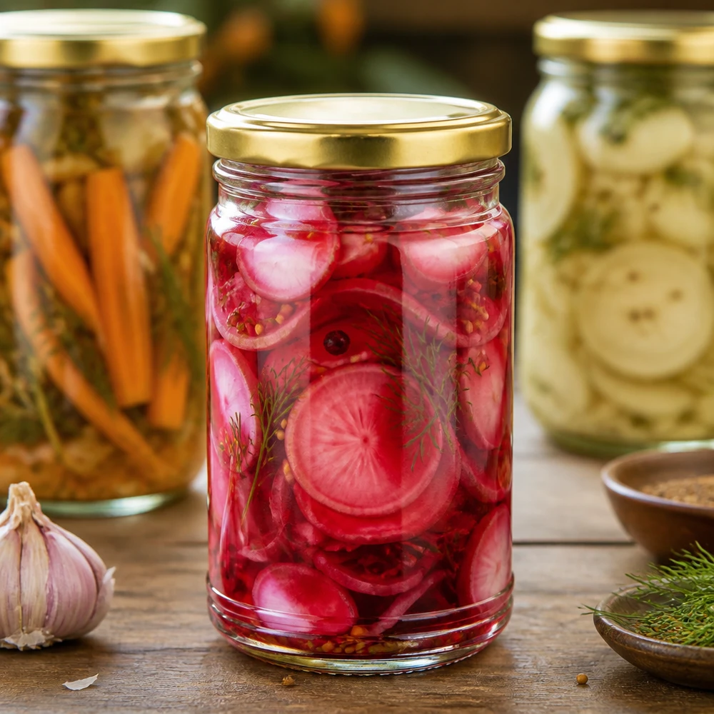 Ingemaakte radijsjes in een glazen pot van 1053 ml met een gouden BasicSeal deksel naast ingemaakte groenten en kruiden