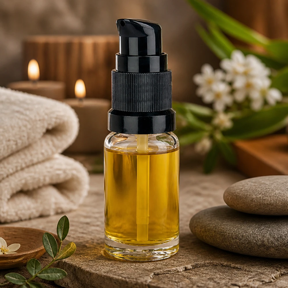 10ml pompflacon zwart STD ClearLine UT18/10 Kleine glazen fles van 10 ml met zwarte pompdispenser op natuursteen, met wellnessaccessoires