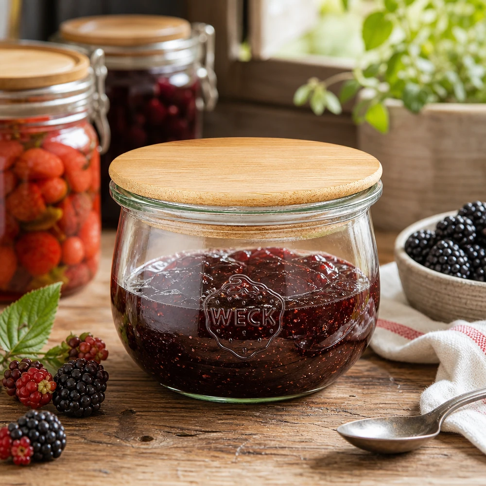 580ml tulpenglas WECK RR100 met hout deksel WECK tulpenpot RR100 580ml gevuld met bessenjam in rustieke keuken met verse bessen en houten lepel