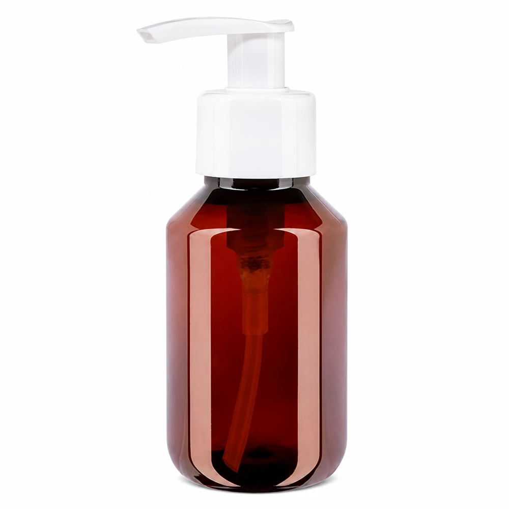 100 ml PET medicijnfles met wit dispenserpomp, standaard Leere PET Reiseflasche 100ml bernsteinfarben mit weisser Pumpe nachfüllbar und wiederverwendbar