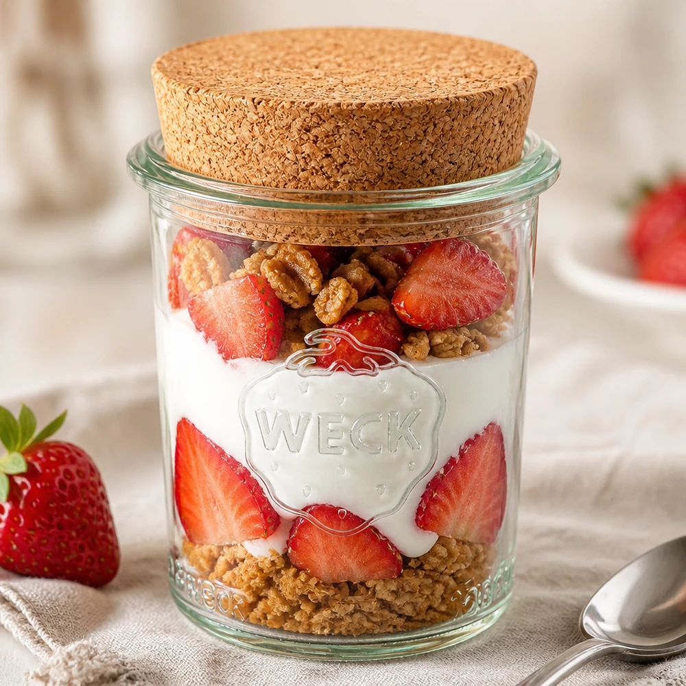 160ml stortglas WECK RR60 met kurk WECK 160ml RR60 pot gevuld met yoghurt aardbeien en noten als dessert in een pot met kurkdeksel