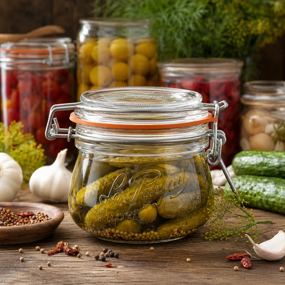 250 ml Le Parfait Super voorraadpot met draaidop gevuld met ingemaakte augurken op een houten tafel met kruiden