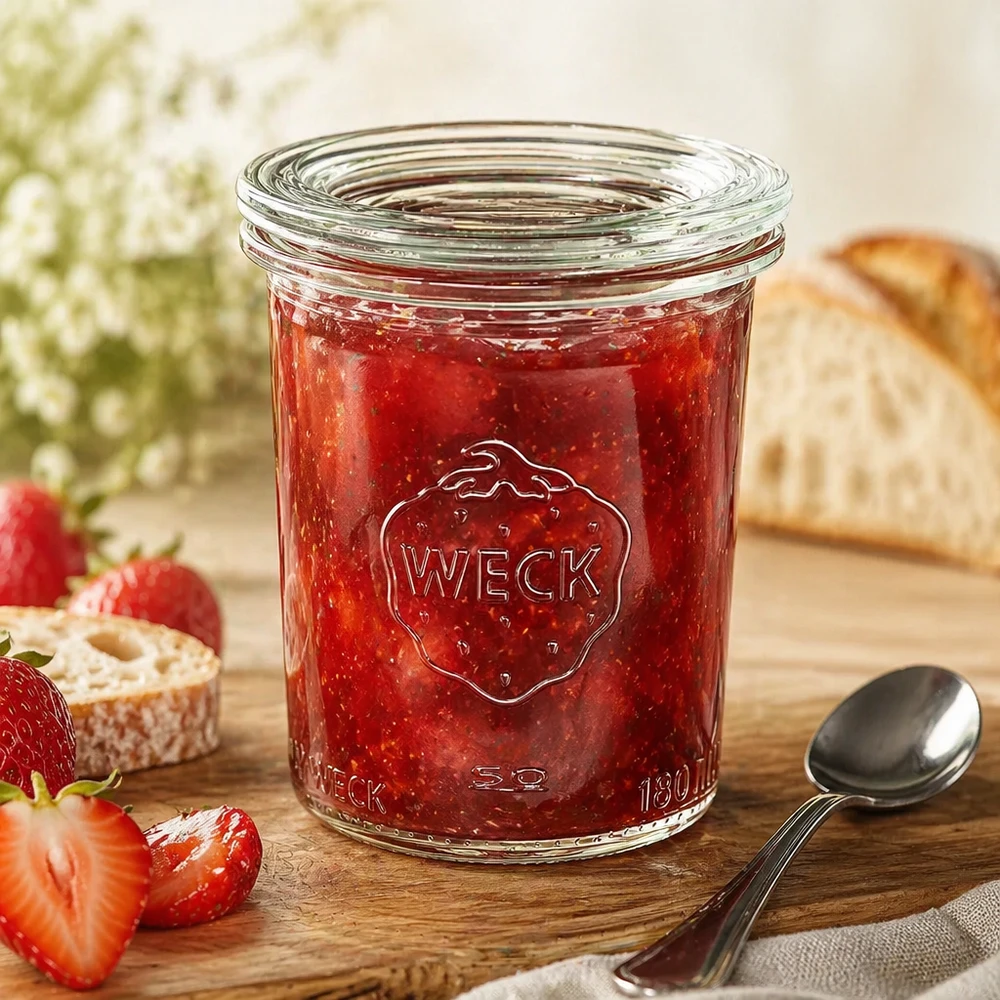 WECK RR60 160 ml mason jar met rode aardbeienjam en lepel, decoratief gerangschikt met brood en aardbeien