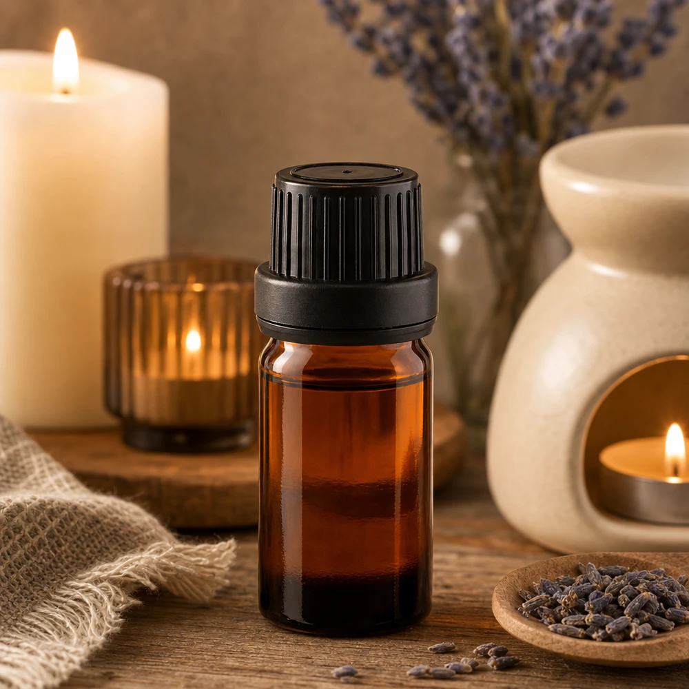 Bruine glazen fles 5ml met zwart schroefsluiting dicht. VR 5 ml apothekersflesje met UV-bescherming, bruin glas, zwarte dop 11 mm, voor natuurlijke cosmetica en oliën
