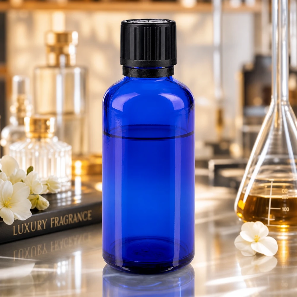 Cilindrische kobaltblauwe druppelfles van 50 ml met zwarte kindveilige sluiting in het parfumulaboratorium