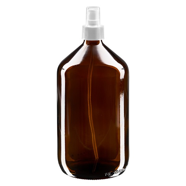 1000 ml Euro-medicijnfles bruin met verstuiver wit incl. dop transparant 1000 ml Euro-medicijnfles bruin met verstuiver wit incl. dop transparant
