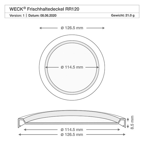 300ml gourmetglas met vershouddeksel WECK RR120 Technische tekening WECK RR120 vershouddeksel met afmetingen diameter 126,5mm en 114,5mm doorsnede