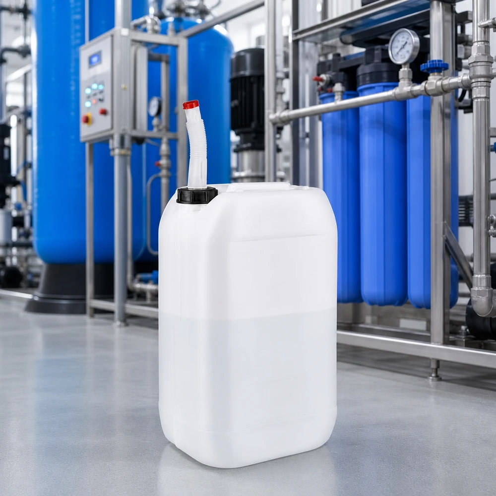 Robuuste, door de VN goedgekeurde jerrycan van 15 liter met flexibele schenktuit voor gebruik in een industriële omgeving