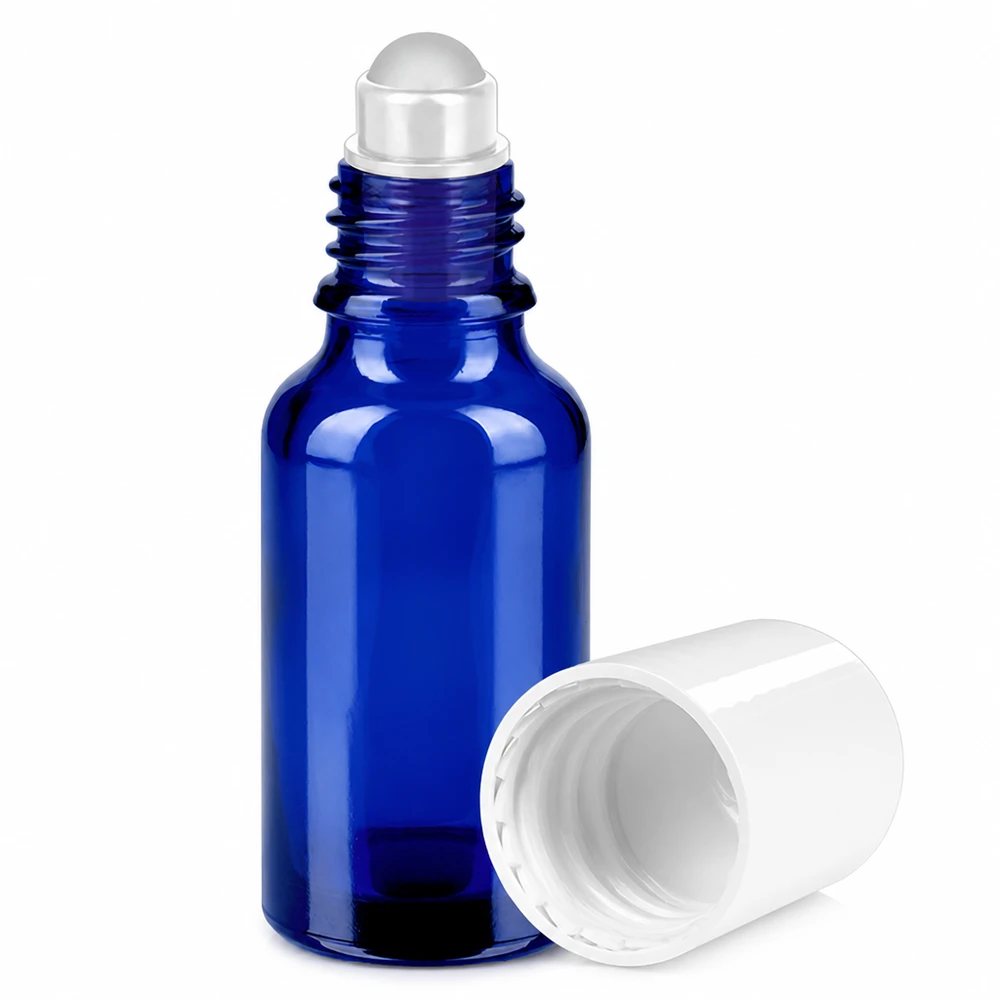 Klein glazen flesje van 20 ml blauw met roll-on top, ideaal voor op reis en onderweg