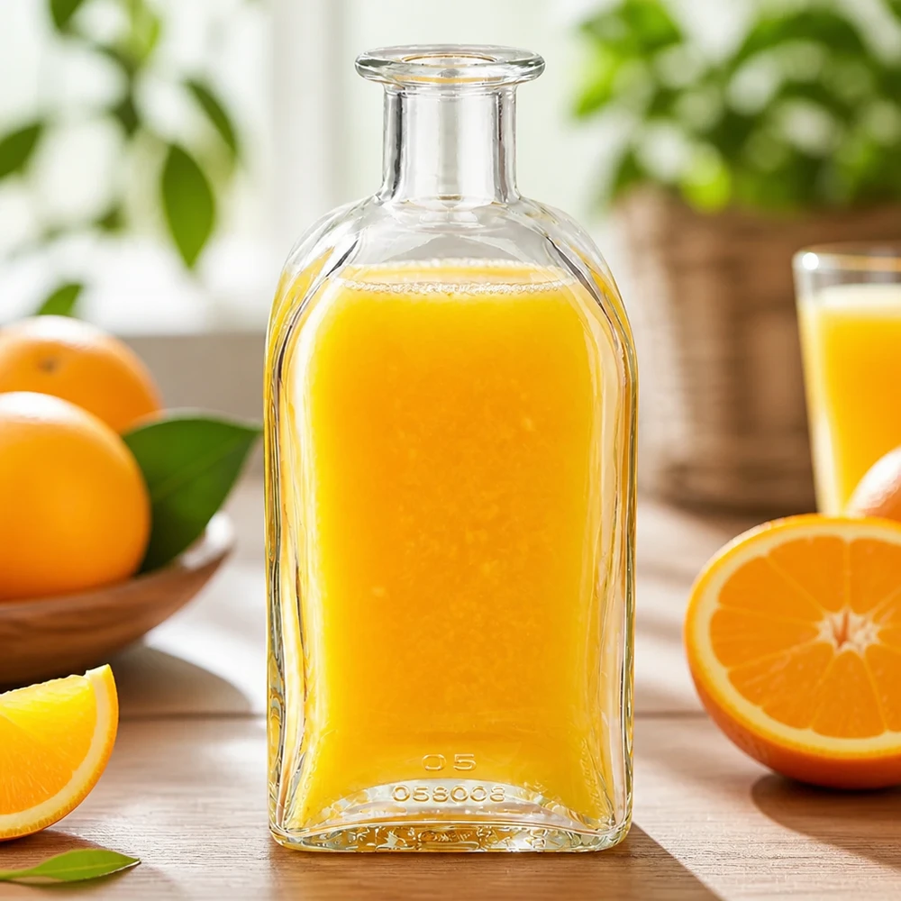 500ml Julia glazen fles gevuld met sinaasappelsap omringd door verse sinaasappels en sinaasappelschijfjes op een houten tafel