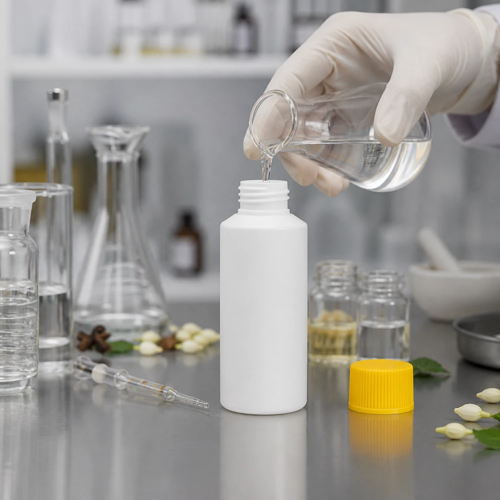 Kleine witte HDPE-container van 30 ml met kindveilige gele dop in een professionele laboratoriumomgeving