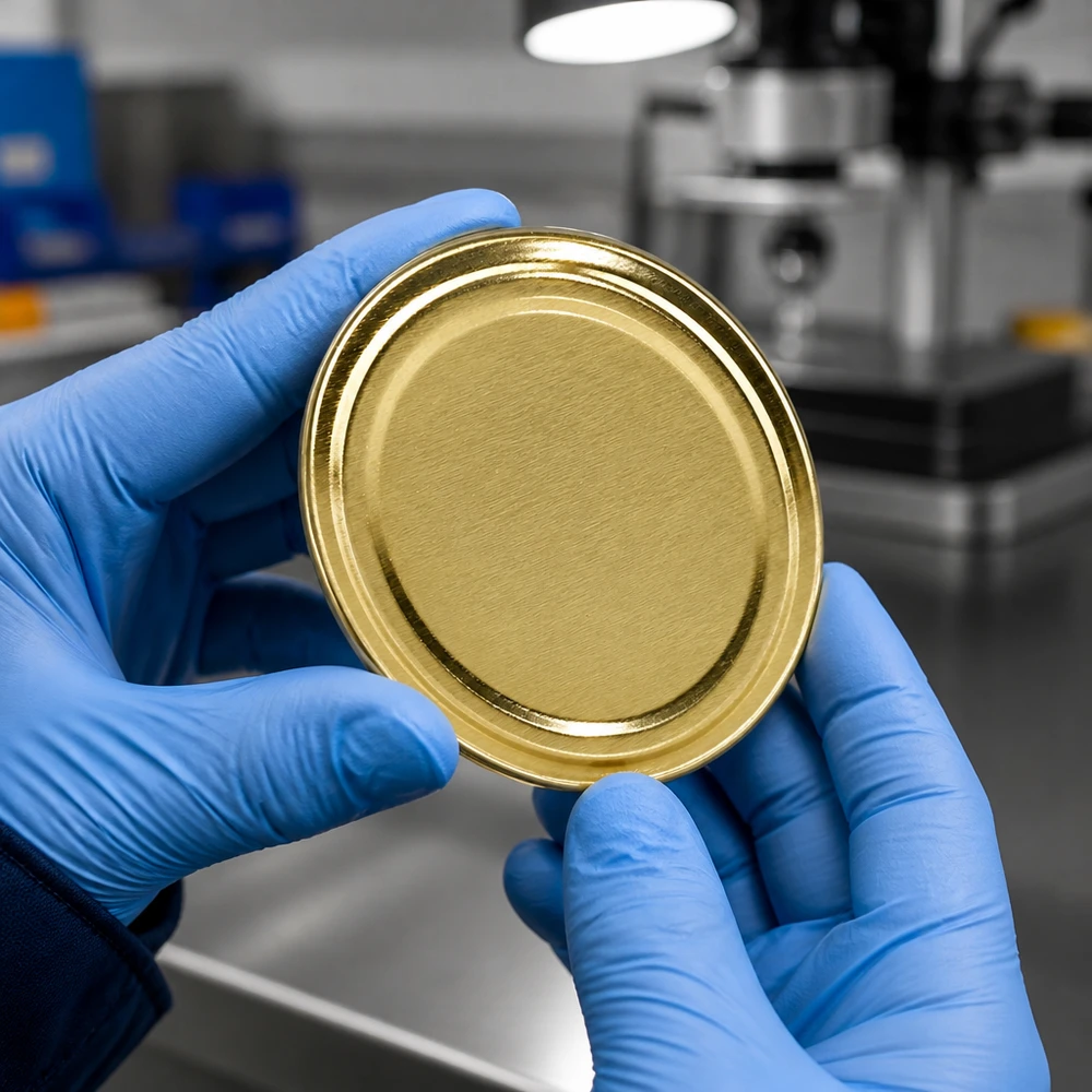 58 mm BasicSeal-deksel goud (TO58) UNiTWIST Het gouden metalen deksel TO58 58 mm van BasicSeal wordt met blauwe handschoenen aan geïnspecteerd