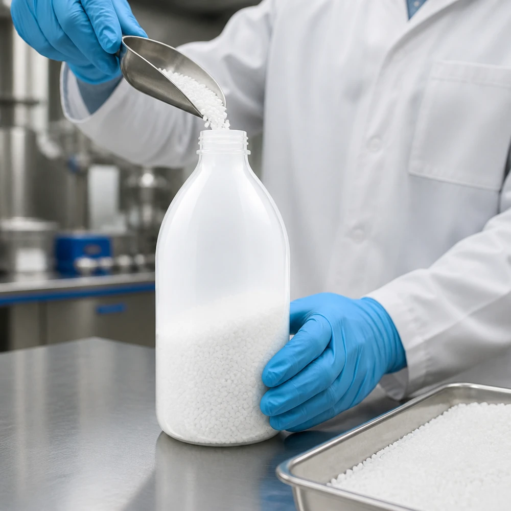 Het vullen van een laboratoriumfles met smalle hals van 500 ml met een metalen schepje en beschermende handschoenen