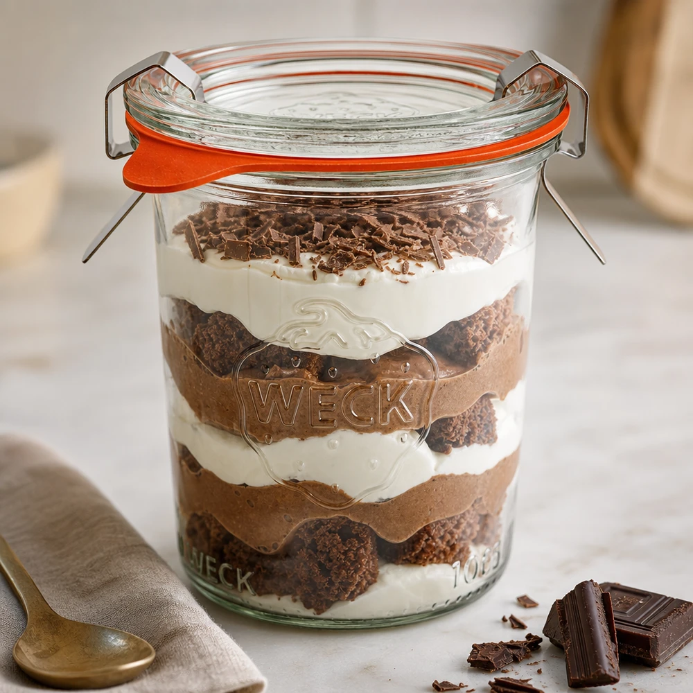 WECK 160ml RR60 bekers gevuld met gelaagd dessert Tiramisu toont veelzijdig gebruik als dessertpotje