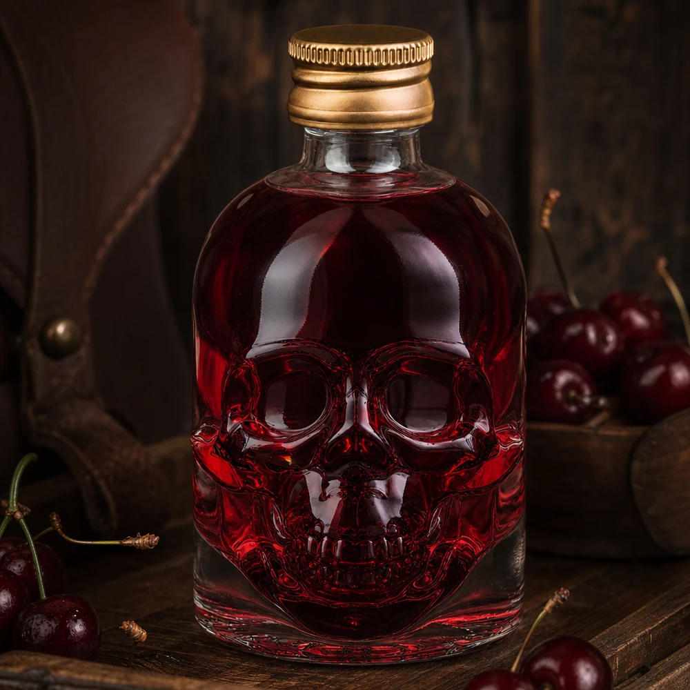 50 ml glazen fles Hector schedelontwerp met kersenrode inhoud omringd door verse kersen op rustiek hout
