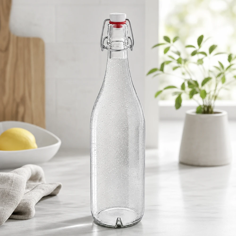 1000ml glazen fles met draaidop PVC UNiTWIST gevuld met bruisend water in moderne keuken Lifestyle