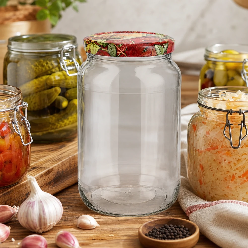 1062ml ronde pot leeg keukenscenario BasicSeal deksel fruit decor omringd door inmaakpotten knoflook peper houten plank