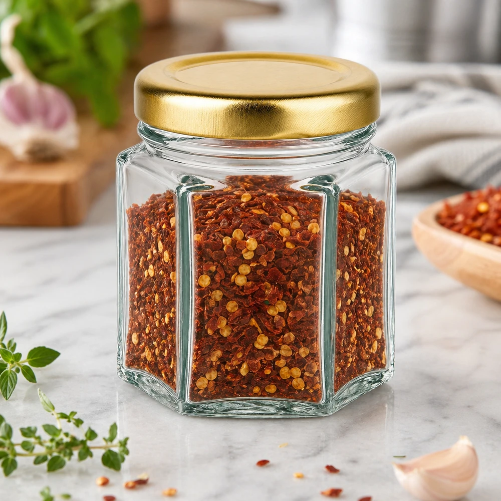 60g honingpot hexagonaal gevuld met chilivlokken op marmeren tafel met kruiden en gouden BasicSeal deksel