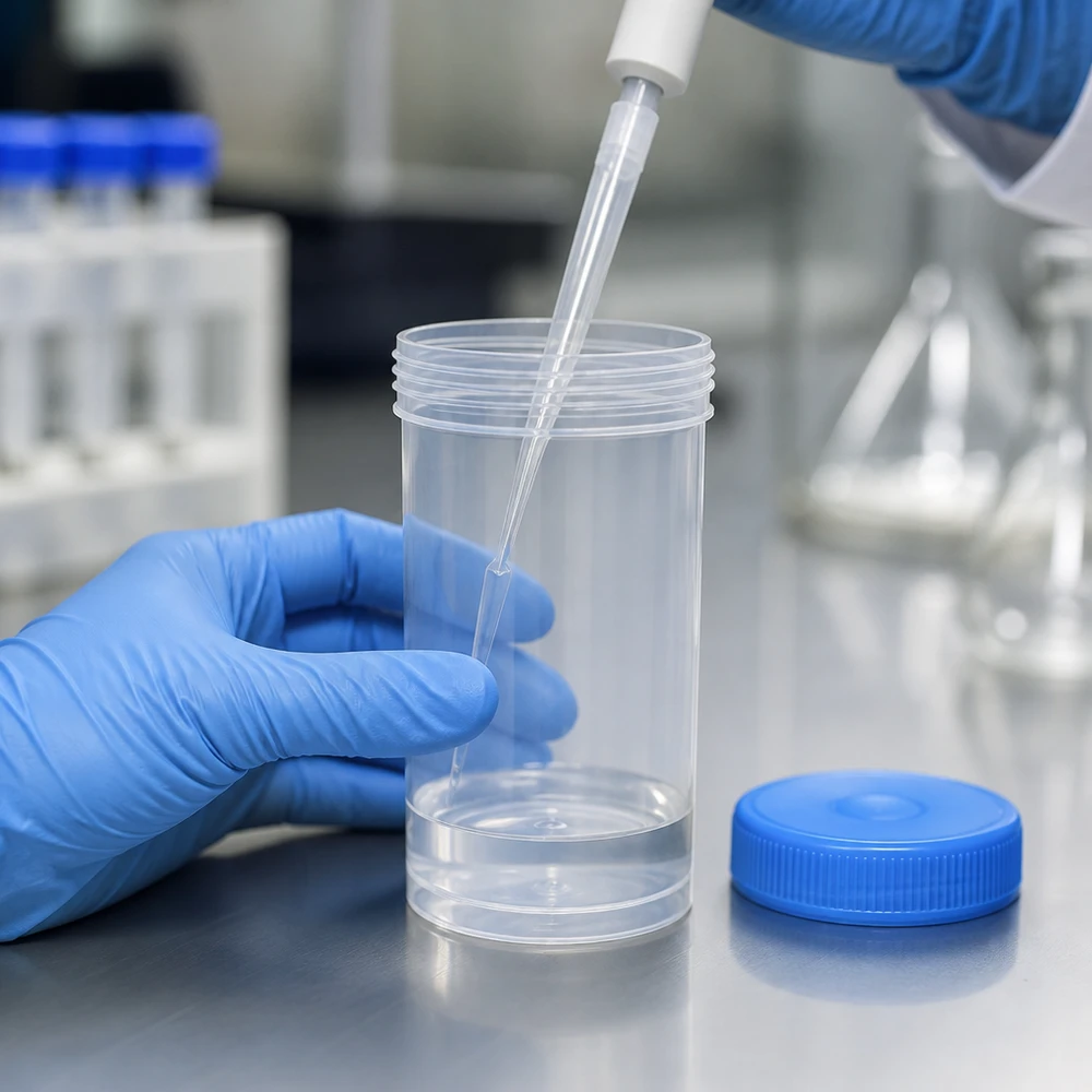 Doorzichtige fles met brede hals van 100 ml tijdens het vullen met een transferpipet in het laboratorium