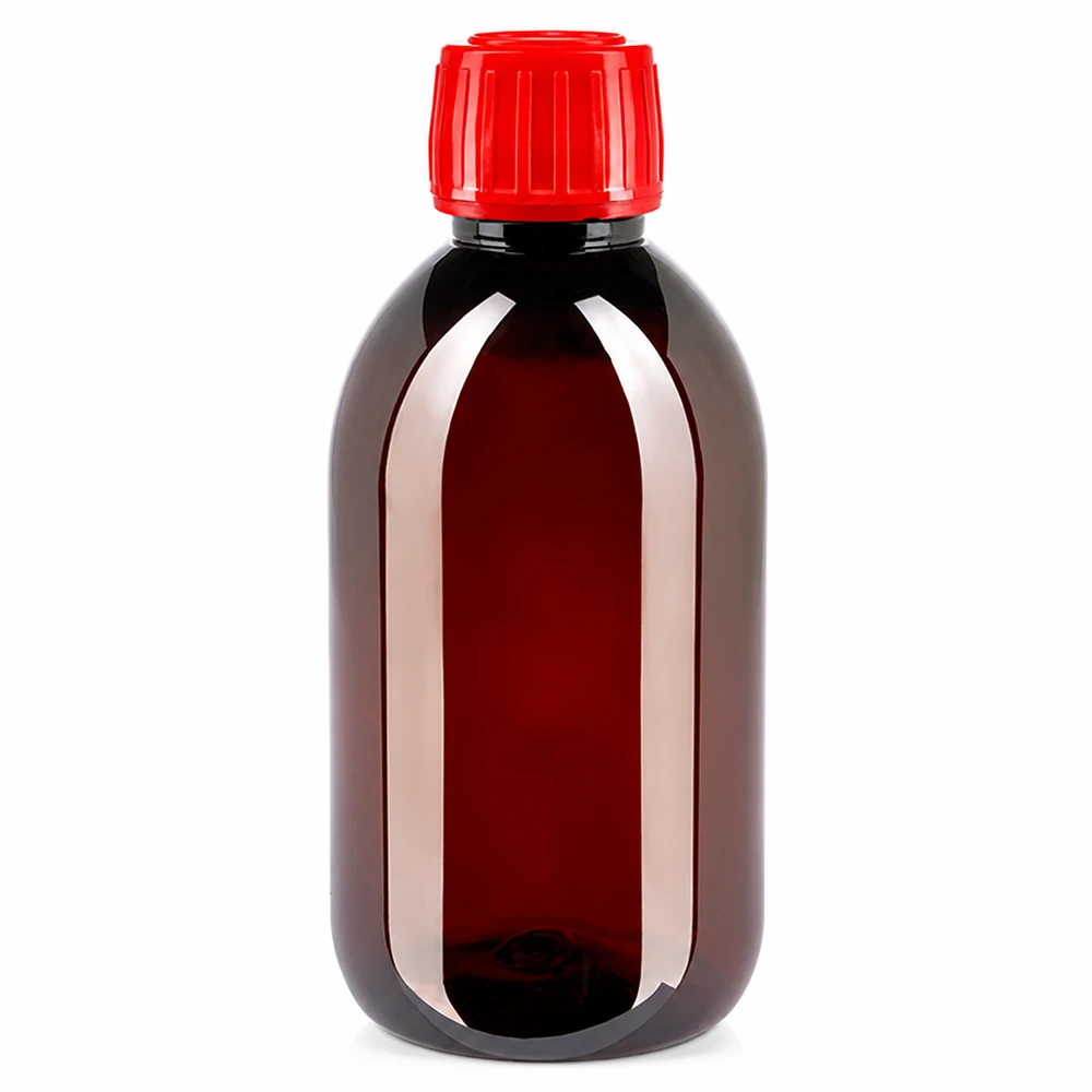 50 ml PET medicijnfles met verstuiver zwart GCMI 28/410 incl. dop transparant, standaard Lichte ronde PET-fles van 250 ml met rode, originele kunststof sluiting