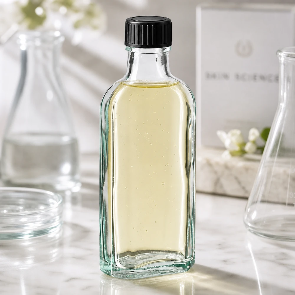 100 ml witte meplatfles met DIN 22 monding, inclusief schroefsluiting DIN 22 zwart van EPE Glazen flesje van 100 ml, helder, met zwarte kunststof dop, voor oliën en serums