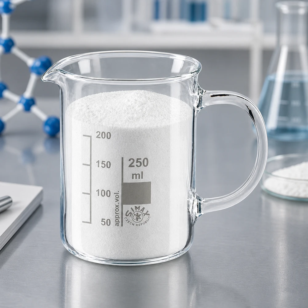 Maatbeker van borosilicaatglas, 250 ml, met handvat en witte vaste stof in het wetenschappelijk laboratorium