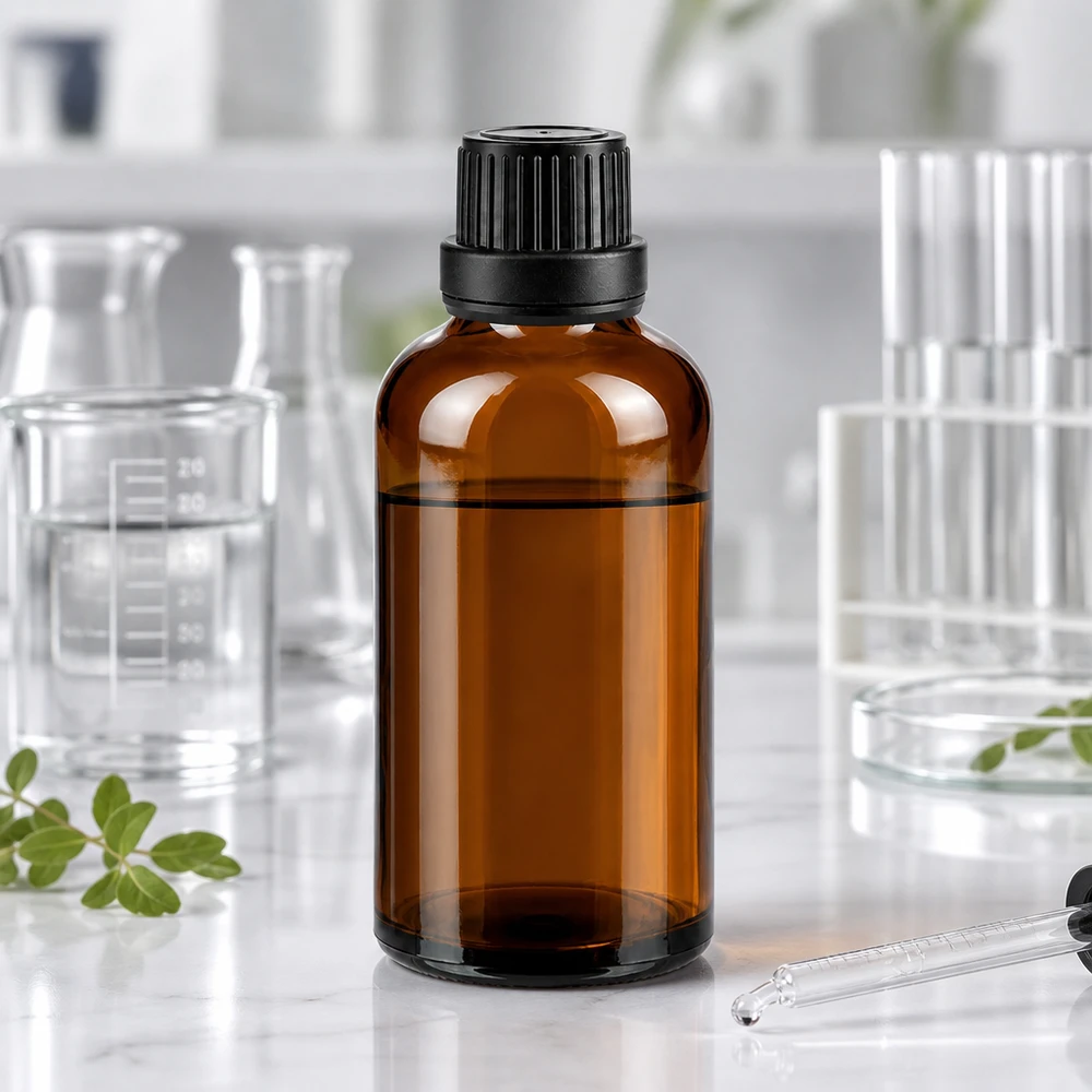Kleine bruine glazen fles van 50 ml met een zwarte dop en pipet op een witte achtergrond