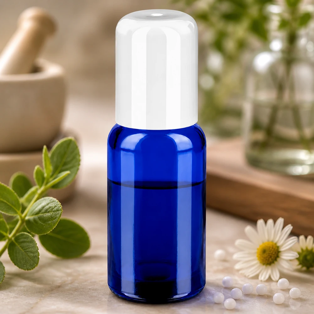 Handig glazen flesje van 20 ml met oprolbare dop in blauw en wit, geschikt voor op reis