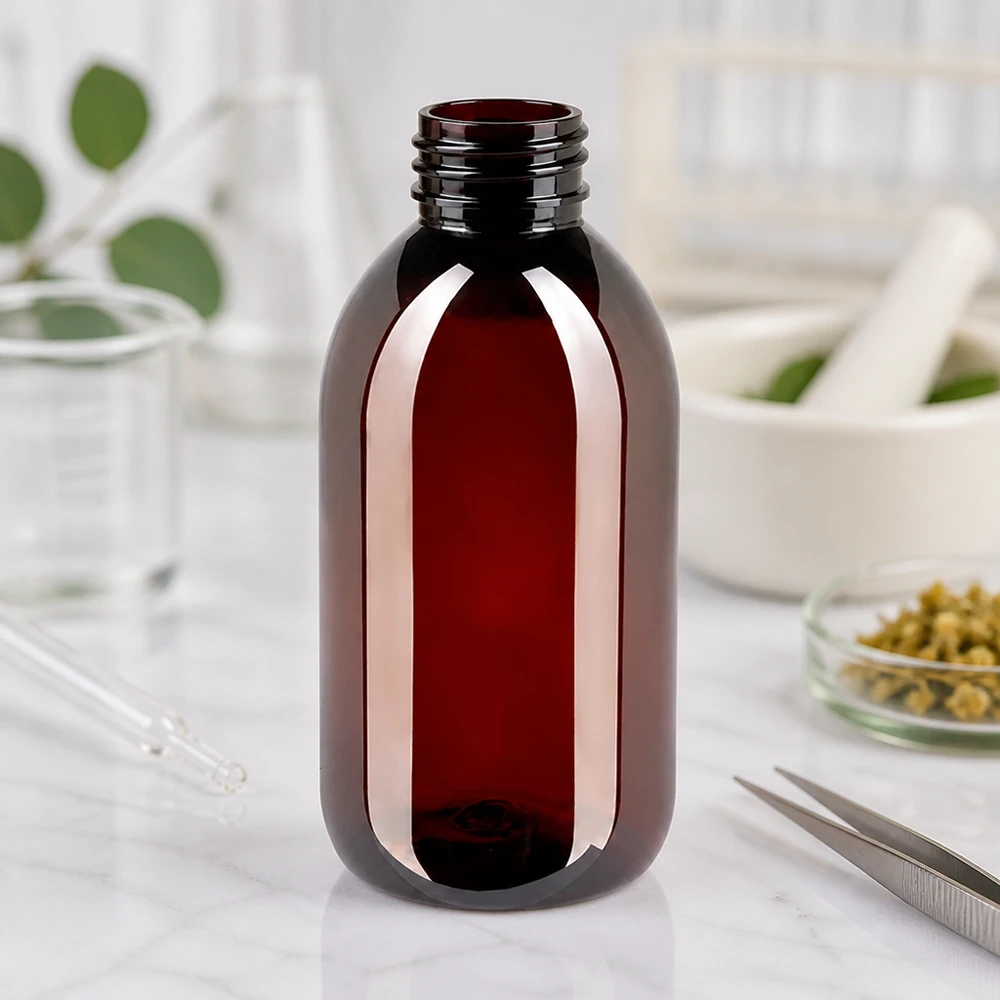 50 ml PET medicijnfles met verstuiver zwart GCMI 28/410 incl. dop transparant, standaard Donkerbruine PET-fles met brede hals van 250 ml en schroefdop voor laboratoriumtoepassingen
