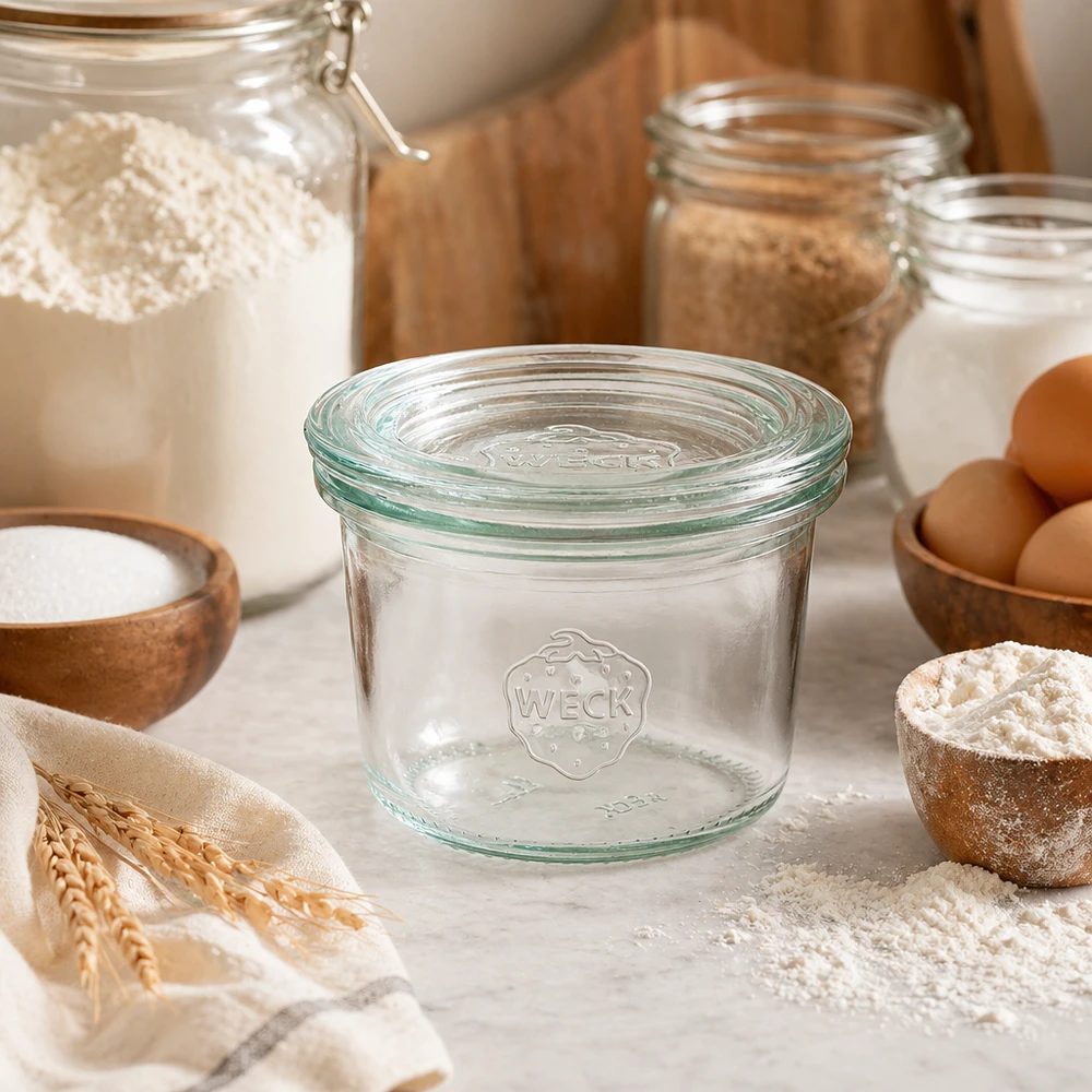 WECK beker 80ml RR60 in keuken met bakingrediënten bloem eieren en granen voor opslag en conservering