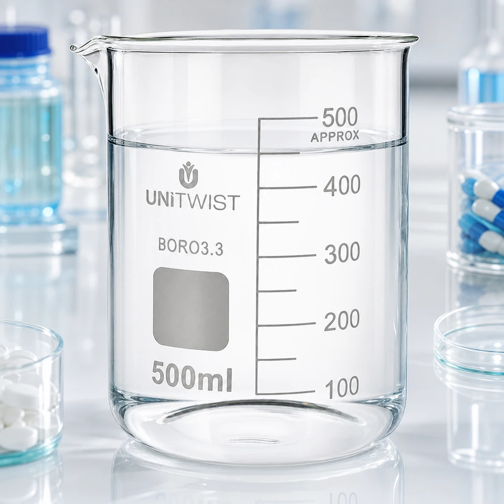 Beker 500ml borosilicaat, lage vorm UNiTWIST Hittebestendige bekerglas 500 ml, lage vorm, UNiTWIST BORO3.3, met schaalverdeling van 100 ml