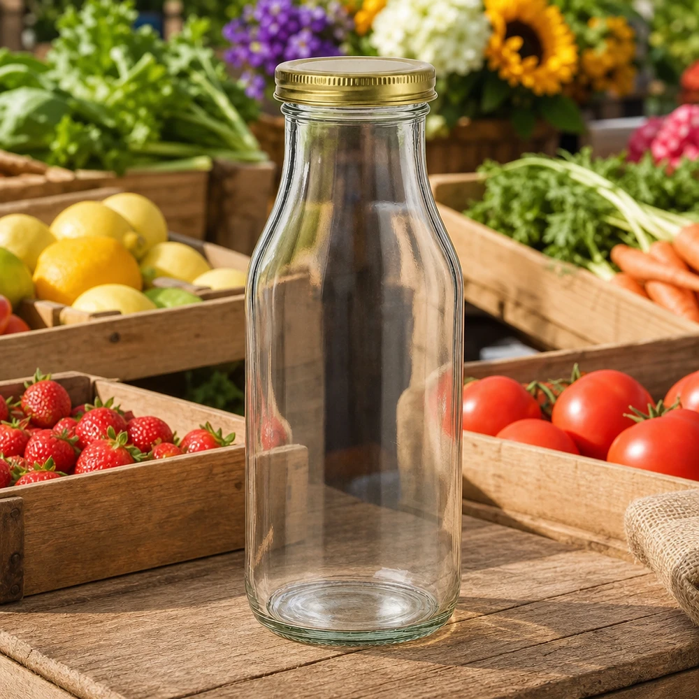 263ml fles met BioSeal deksel goud UNiTWIST UNiTWIST Bottle263 lege glazen fles met gouden TO43 BioSeal deksel op houten tafel tussen vers fruit en groenten